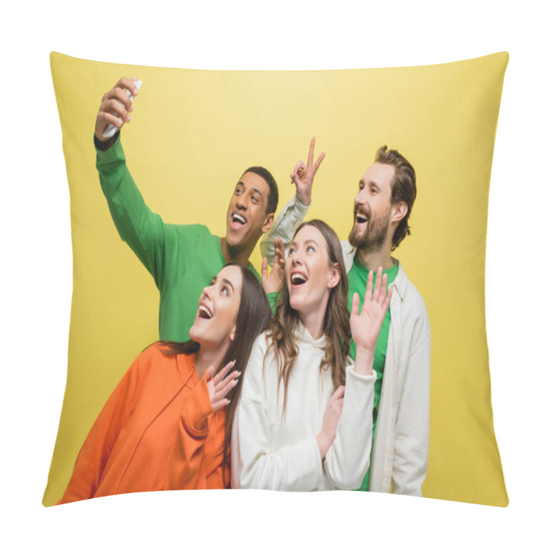 Personality  Multiethnic Friends Having Video Call On Smartphone Isolated On Yellow  Pillow Covers