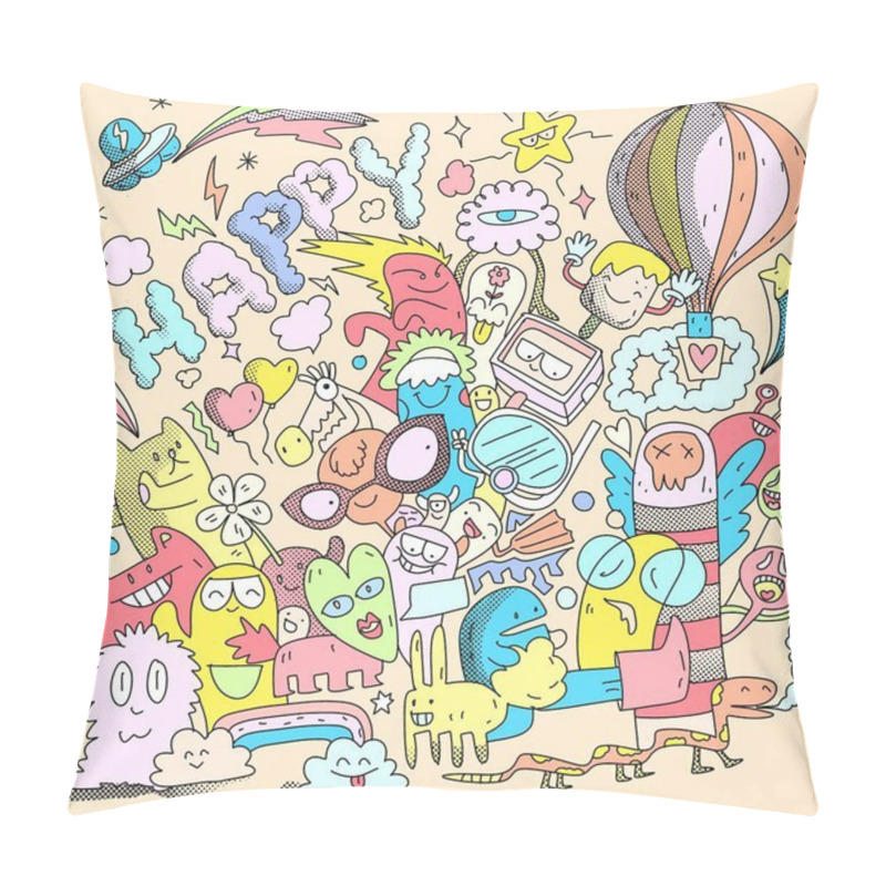 Personality  Playful Hand Drawn Doodle Characters Featuring Whimsical Creatures, Balloons, And Joyful Elements, Isolated On A Beige Background For Cheerful And Fun Designs Pillow Covers