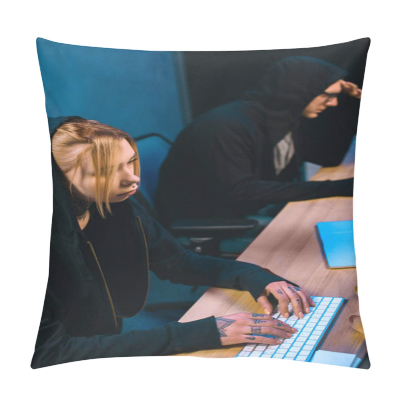 Personality  High Angle View Of Serious Female Hacker Working On New Malware With Accomplice  In Dark Room Pillow Covers