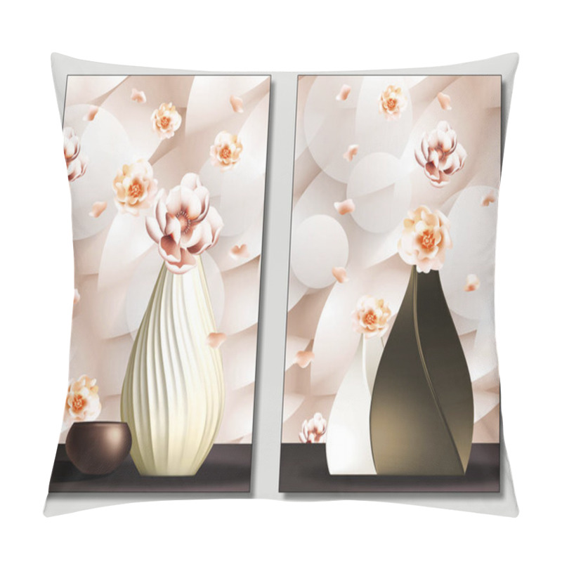 Personality  3d Illustration Flowers Vases With Gray White Floral Background. Wallpaper For Wall Frames Decor. Pillow Covers