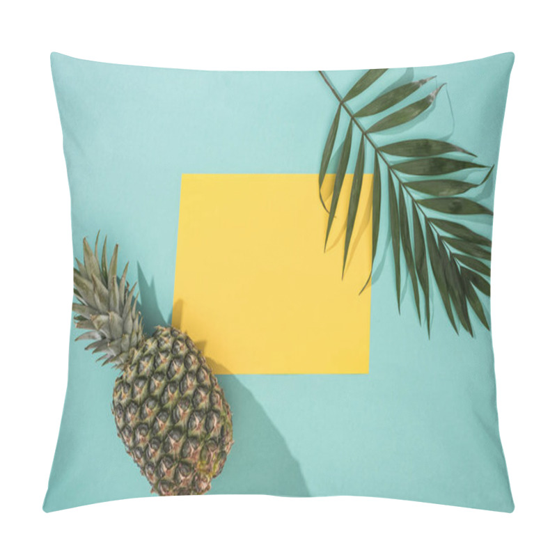 Personality  Top View Of Pineapple, Tropical Leaf And Yellow Card With Copy Space On Turquoise Background Pillow Covers