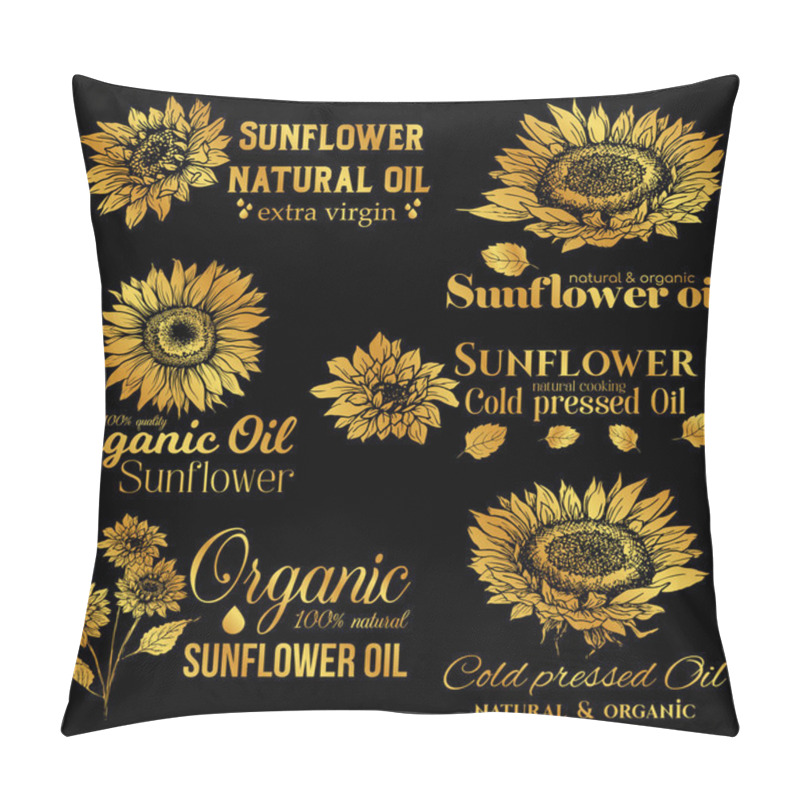 Personality  Golden Sunflower Oil Logos Set, Technology Wildflower Logo Templates For Brabding Identty. Gold Vector Isolated Flowers Hand Drawings With Lettering Pillow Covers