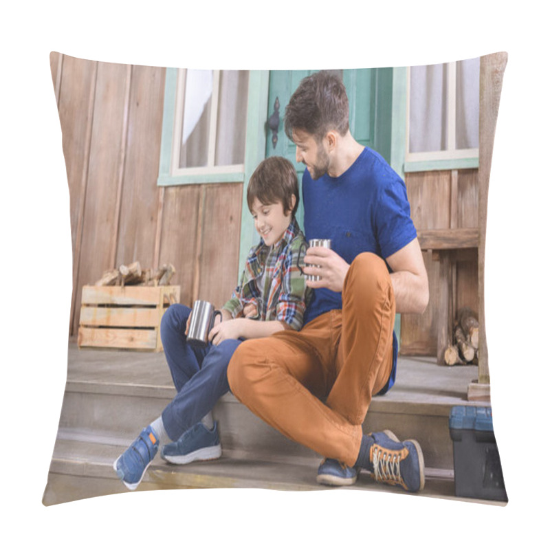 Personality  Man And Boy Sitting On Porch Pillow Covers