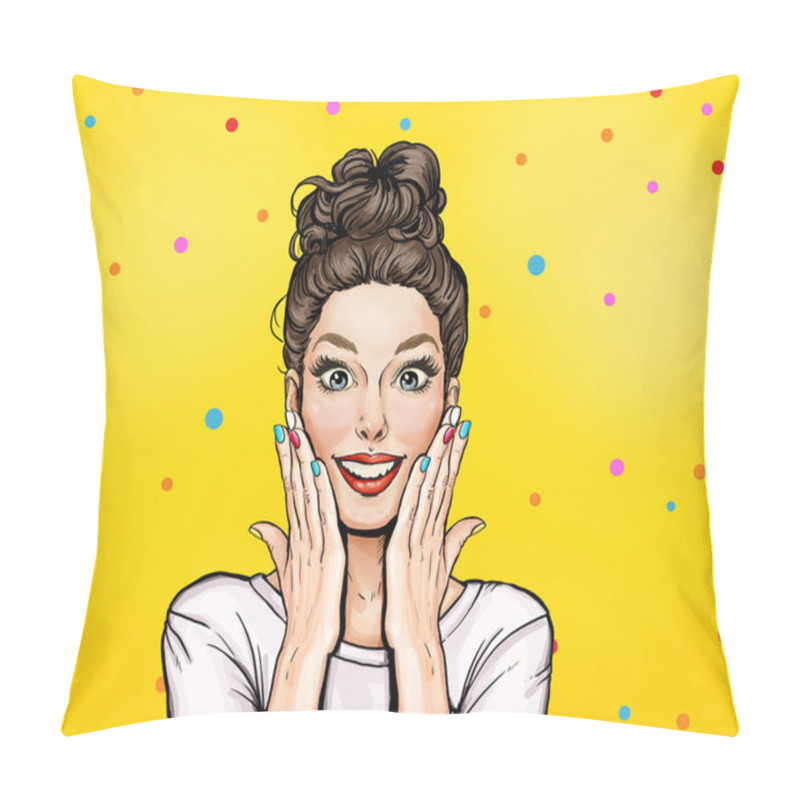 Personality  Surprised Amased Young Attractive Happy Pop Art Woman . Advertising Poster Or Party Invitation With Sexy Smiling Girl  In Comic Style. Pillow Covers