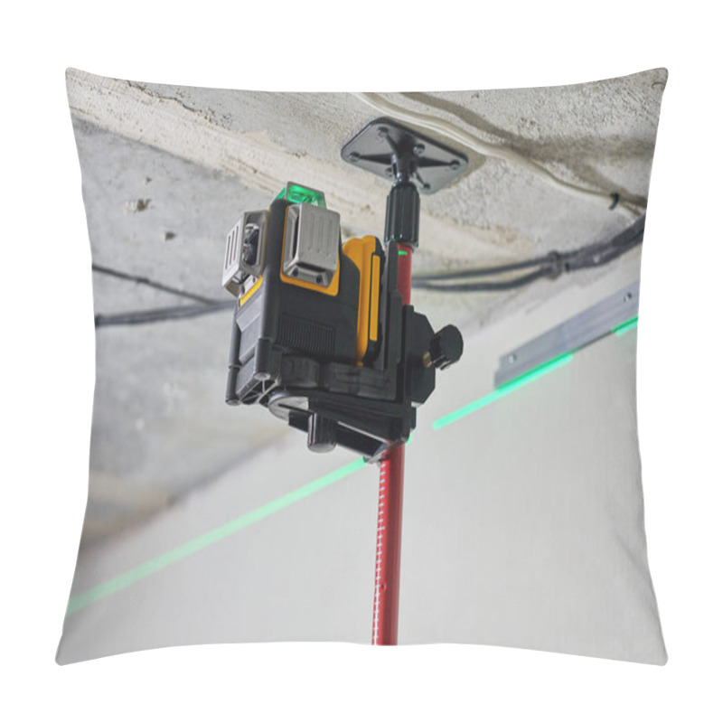 Personality  Laser Level Measuring Tool With Visible Green Laser Beam On Wall At Construction Site. Measuring Level. Professional Equipment For Installing Stretch Ceiling. Home Renovation Concept, Close Up Pillow Covers