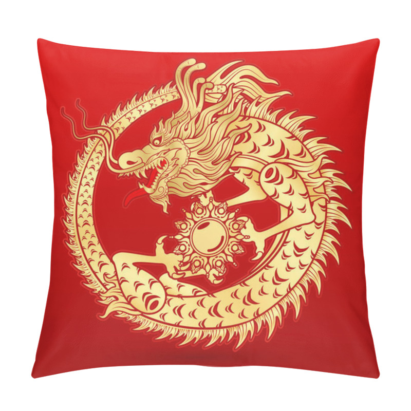 Personality  Traditional Chinese Dragon Gold Zodiac Sign Isolated On Red Background For Card Design Print Media Or Festival. China Lunar Calendar Animal Happy New Year. Vector Illustration. Pillow Covers