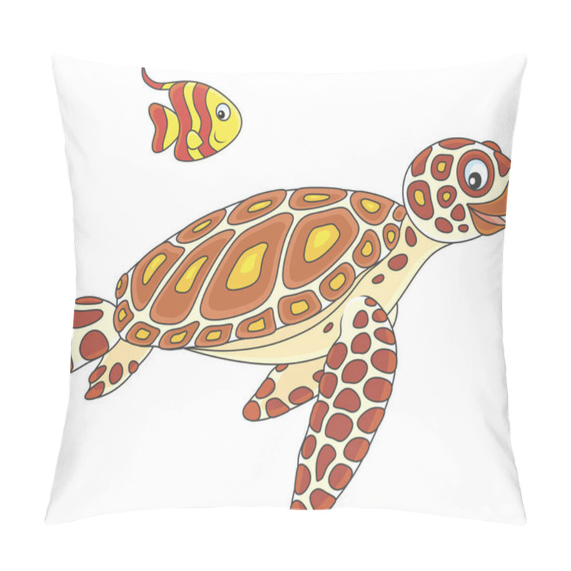 Personality  Funny Sea Loggerhead Turtle And A Small Striped Butterfly Fish Swimming Together, Vector Illustration In A Cartoon Style Pillow Covers