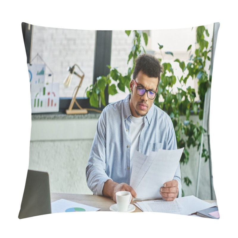 Personality  Concentrated Man Examining Paperwork While Sitting At A Stylish Desk With Plants And Charts. Pillow Covers