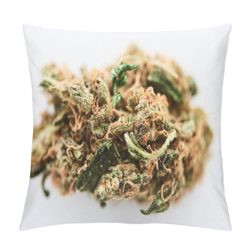 Personality  Close Up View Of Marijuana Bud Isolated On White Pillow Covers