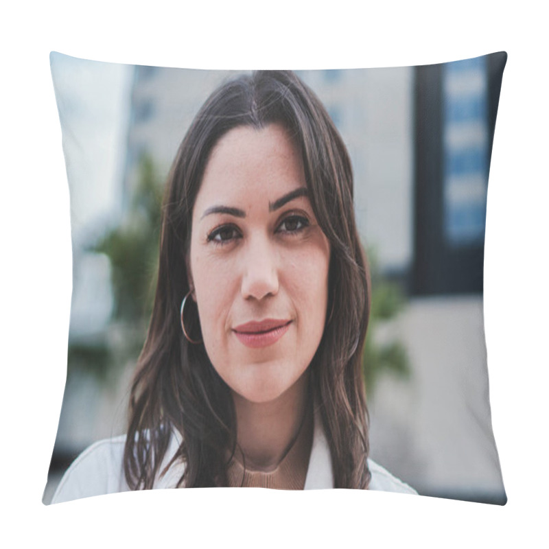 Personality  Close Up Portrait Of A Woman Face. Front View Of A Girl Head. One Teenage Isolated Female Smiling Looking At Camera. Caucasican Girl Standing Outdoors. High Quality Photo Pillow Covers