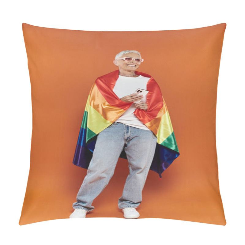 Personality  Mature Woman Proudly Embraces Her Identity With A Rainbow Flag. Pillow Covers