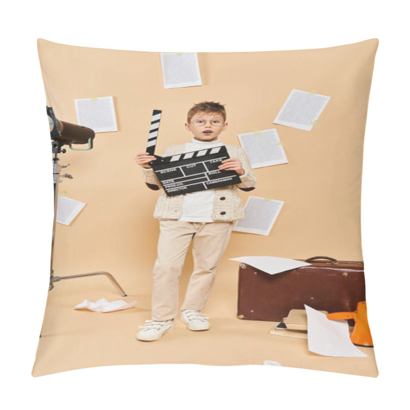 Personality  Preadolescent Boy In Film Director Costume Holding Slate In Front Of Camera. Pillow Covers