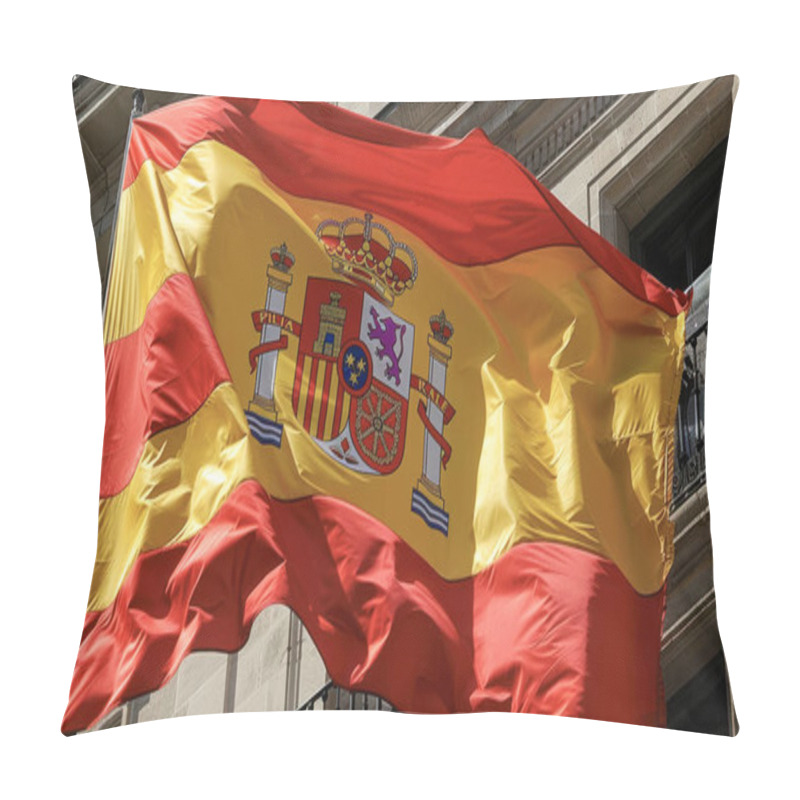 Personality  The Spanish National Flag Fluttering In The Wind Under A Bright, Clear Sky With Light Clouds Pillow Covers