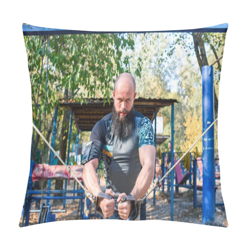 Personality  Muscular Man Doing Exercises With Weights Pillow Covers