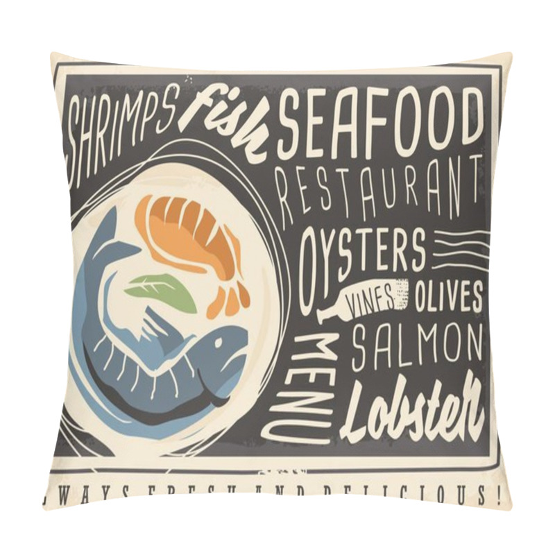 Personality  Seafood Restaurant Creative Menu Design With Unique Artistic Drawing Of Fish And Shrimp. Black Board Menu Concept Perfect For Restaurant Wall Decoration. Vector Illustration. Pillow Covers