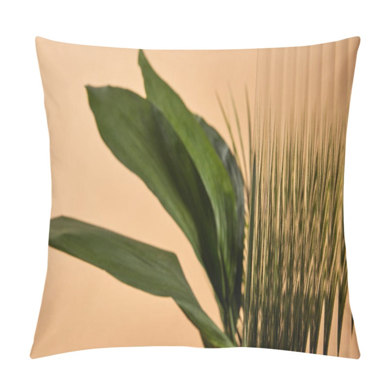 Personality  Selective Focus Of Reed Glass In Front Of Big Green Leaves Isolated On Beige Pillow Covers