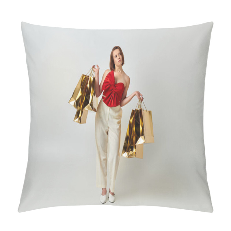 Personality  Holiday Shopping, Confused Woman In Stylish Attire Holding Shopping Bags On Grey Background Pillow Covers