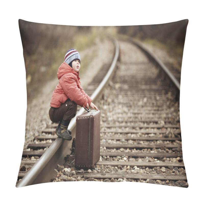 Personality  Boy Sitting In A Suitcase Near The Railway Journey Pillow Covers