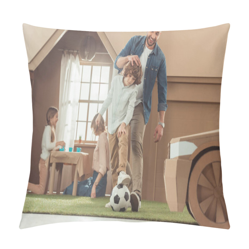 Personality  Handsome Father Teaching His Som To Play Soccer On Yard Of Cardboard House Pillow Covers