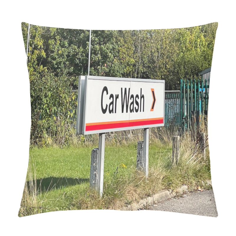 Personality  Car Wash Facility With Signage On A Sunny Day. The Setting Is Surrounded By Greenery And Clear Blue Skies, Creating A Welcoming Atmosphere. Pillow Covers