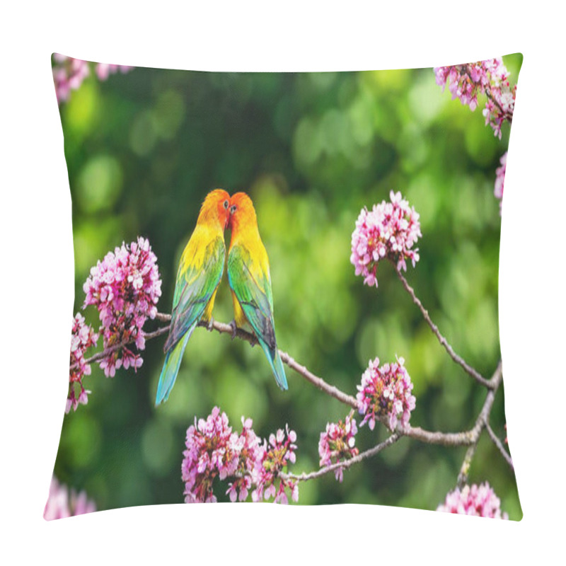 Personality  Two Lovebirds Perched On A Heart-shaped Tree Branch, Surrounded By Delicate Pink Flowers. Pillow Covers