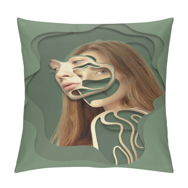 Personality  Creative Portrait Of Young Sad Woman Over Green Background. Poster Graphics. Ideas, Inspiration, Fashion. Human Emotions, Facial Expression, Psychology Of Personality Concept. Monochrome, Minimalism Pillow Covers