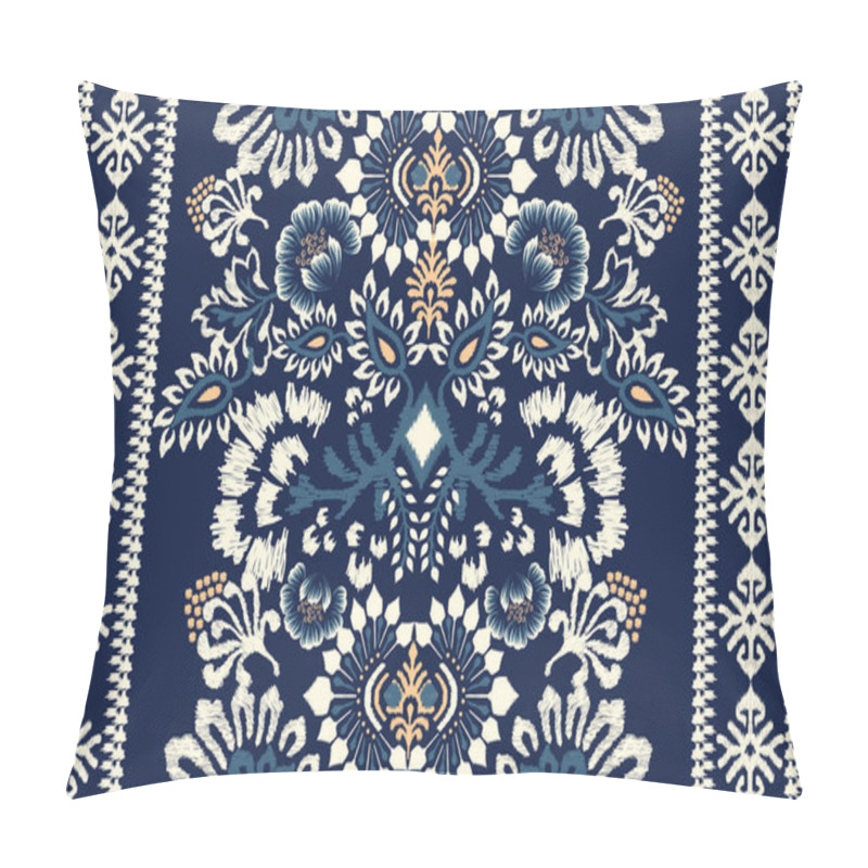 Personality  Ikat Floral Paisley Embroidery On Navy Blue Background.Ikat Ethnic Oriental Pattern Traditional.Aztec Style Abstract Vector Illustration.design For Texture,fabric,clothing,wrapping,decoration,carpet. Pillow Covers