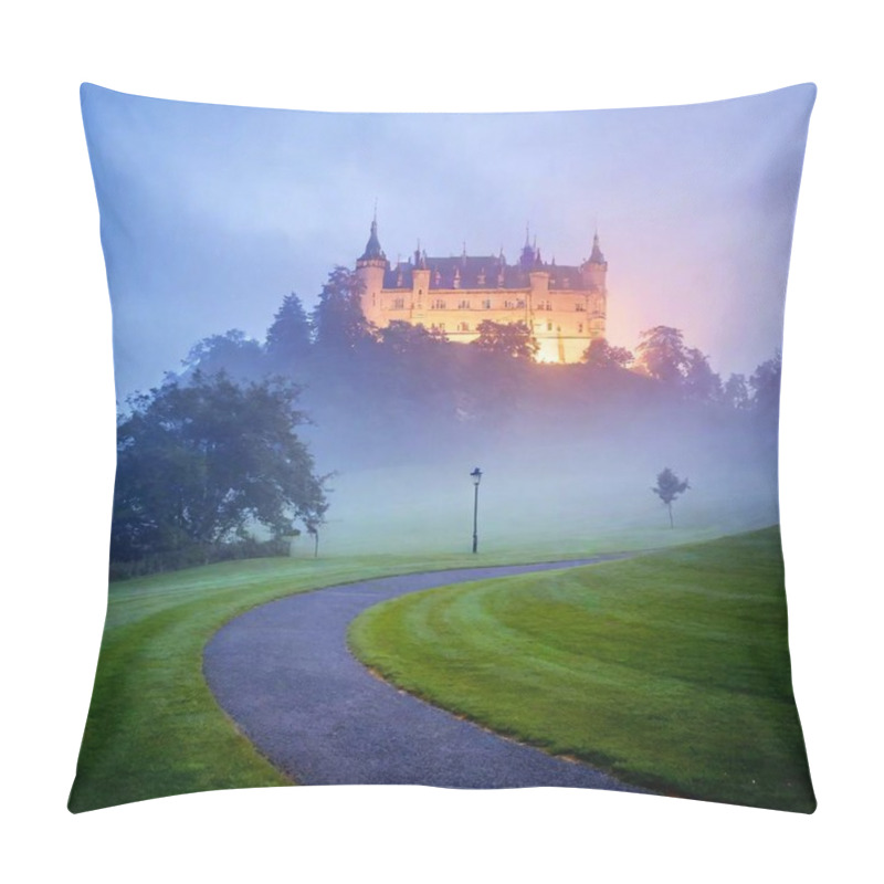 Personality  A Massive Magic Castle Glowing Faintly In The Early Morning Mist, Its Tall Spires Piercing Through The Fog. The Foreground Features A Winding Path Lined With Glowing Stones, Blurred By The Rack Focus, Leading Towards The Castle In The Distance Pillow Covers