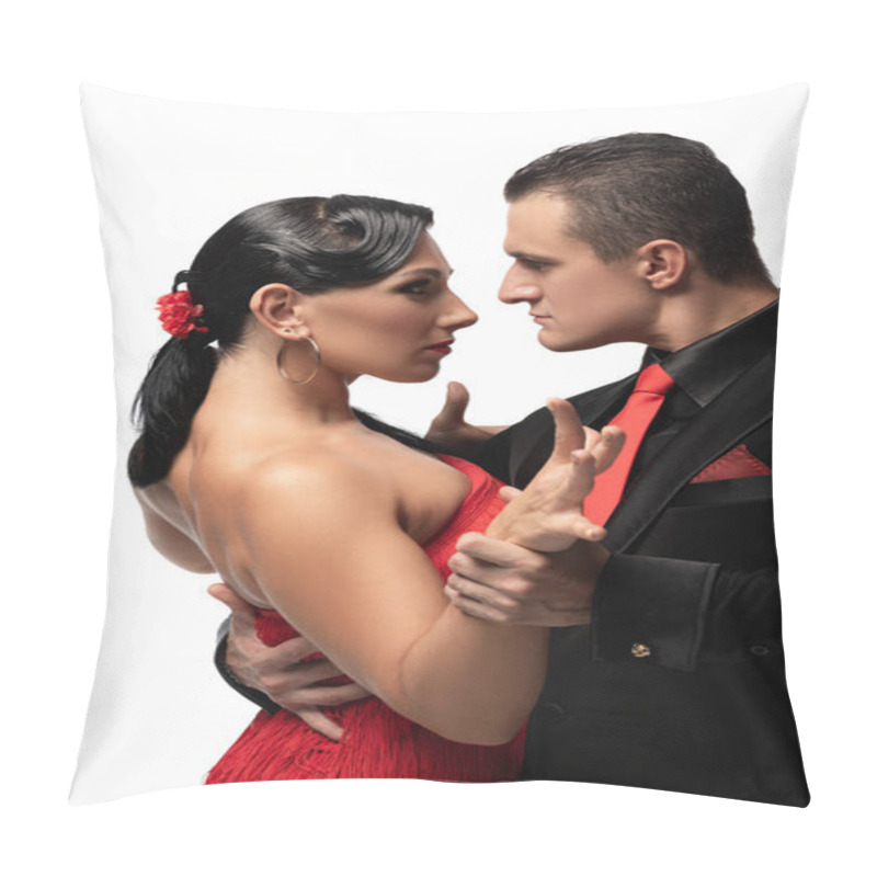 Personality  Passionate, Stylish Dancers Looking At Each Other While Performing Tango Isolated On White Pillow Covers