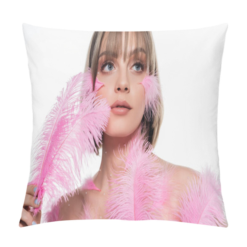 Personality  Young Woman With Decorative Beads On Body Looking Away And Holding Pink Feathers Isolated On White Pillow Covers