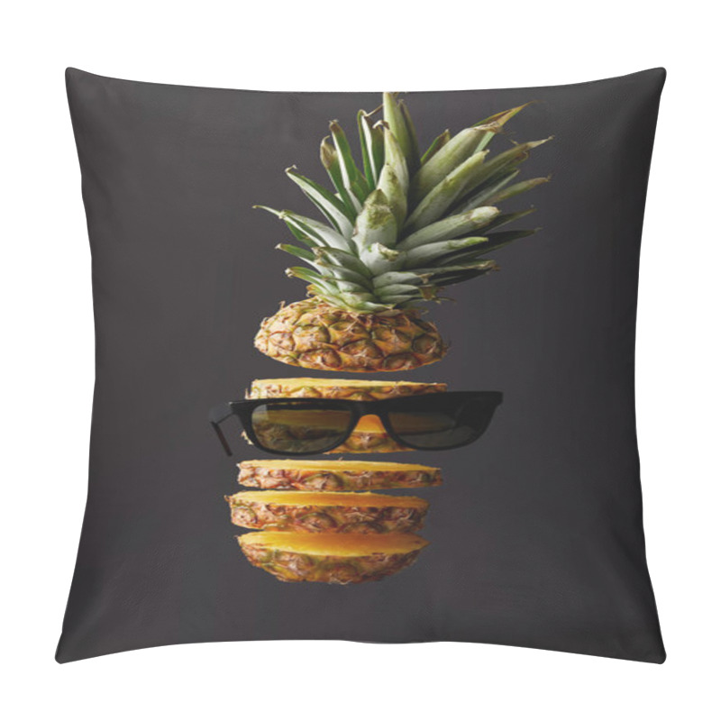 Personality  Close Up View Of Cut Ripe Pineapple And Sunglasses Isolated On Black Pillow Covers