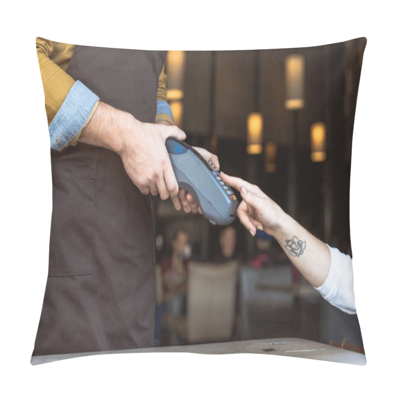 Personality  Cropped Shot Of Waiter Holding Payment Terminal While Female Client Entering Pin In Cafe Pillow Covers