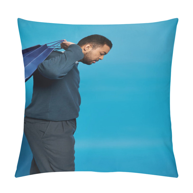 Personality  African American Man In Dark Blue Outfit Looking To Down And Holding Shopping Bags Over Shoulder Pillow Covers