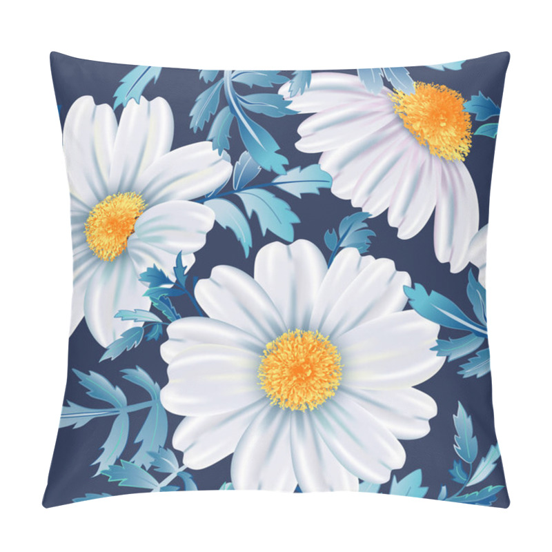 Personality  White Chamomile Flower Close Up On Dark Blue Background. Pillow Covers