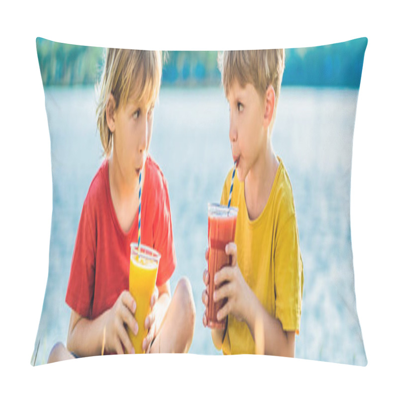 Personality  BANNER, LONG FORMAT Two Boys Drink Healthy Smoothies Against The Backdrop Of Palm Trees. Mango And Watermelon Smoothies. Healthy Nutrition And Vitamins For Children Pillow Covers