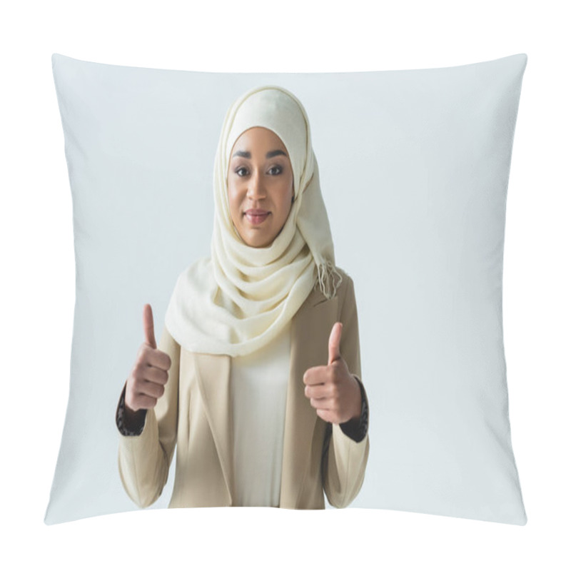 Personality  Happy Muslim Woman In Hijab Showing Thumbs Up And Smiling Isolated On Grey Pillow Covers