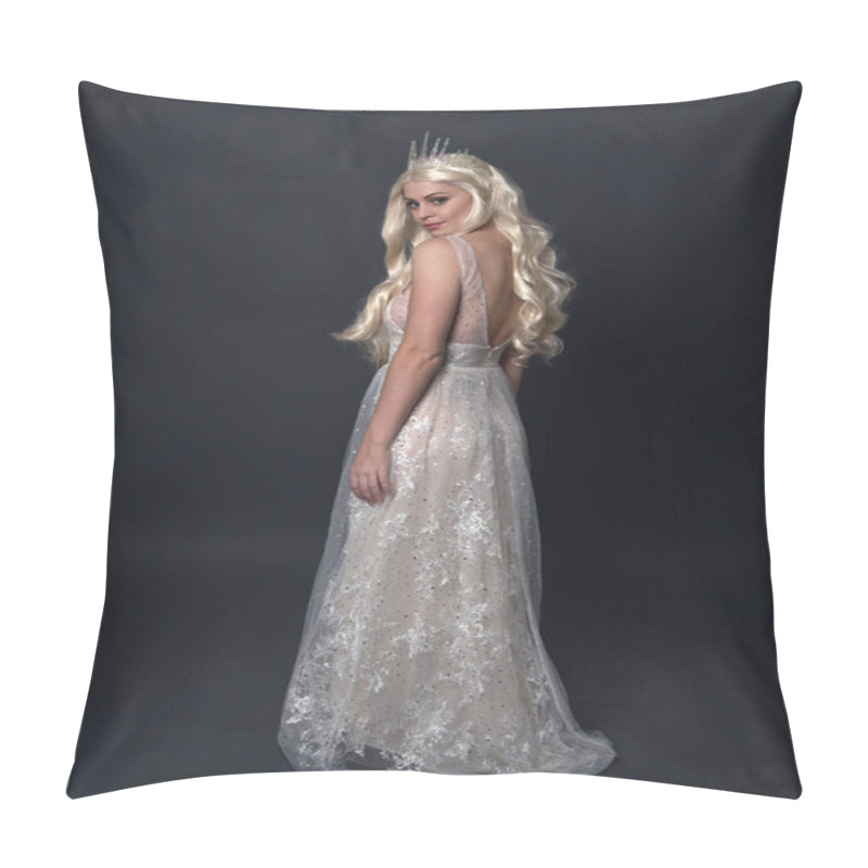 Personality  Full Length Portrait Of Beautiful Women With Long Blonde Hair, Wearing Fantasy  Princess Crown And Elegant White Ball Gown, Standing Pose With Hand Gesture. Isolated On Dark Grey Studio Background. Pillow Covers