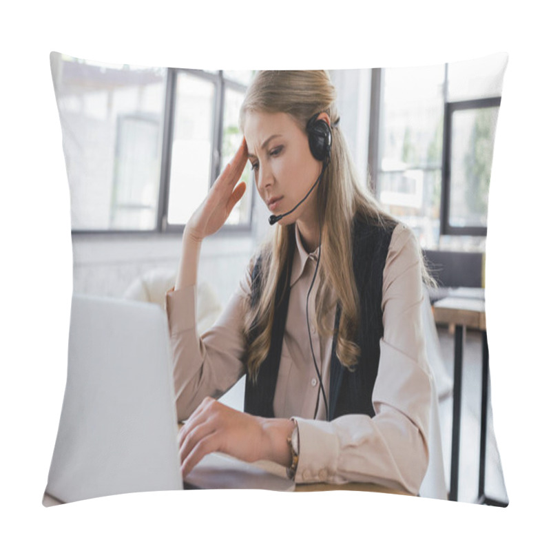 Personality  Selective Focus Of Tired Operator In Headset Looking At Laptop  Pillow Covers