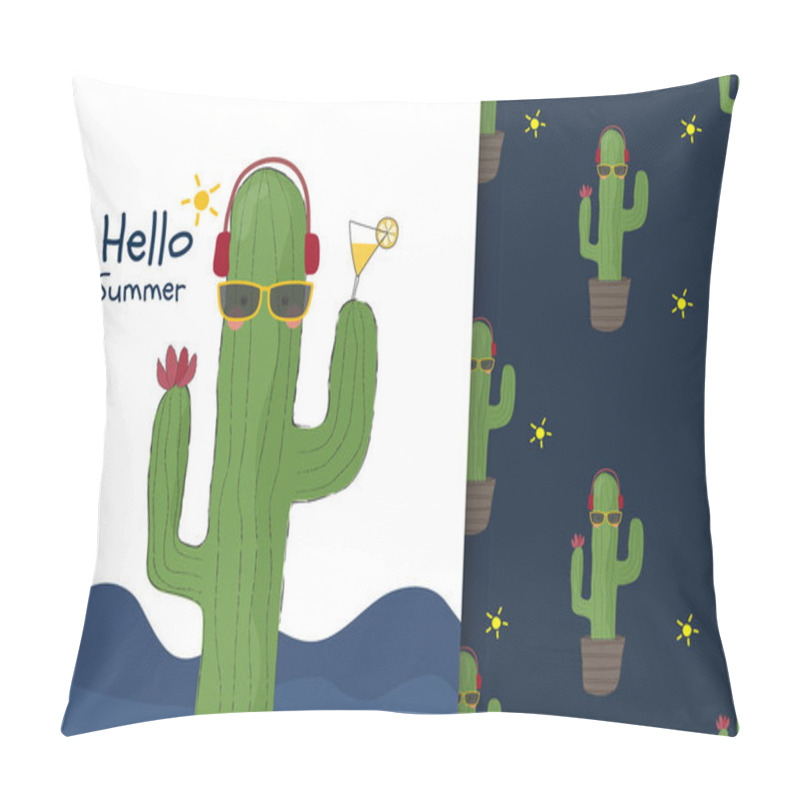 Personality  Cute Hand Drawn Cactus Summer Background With Seamless Pattern Set  Pillow Covers