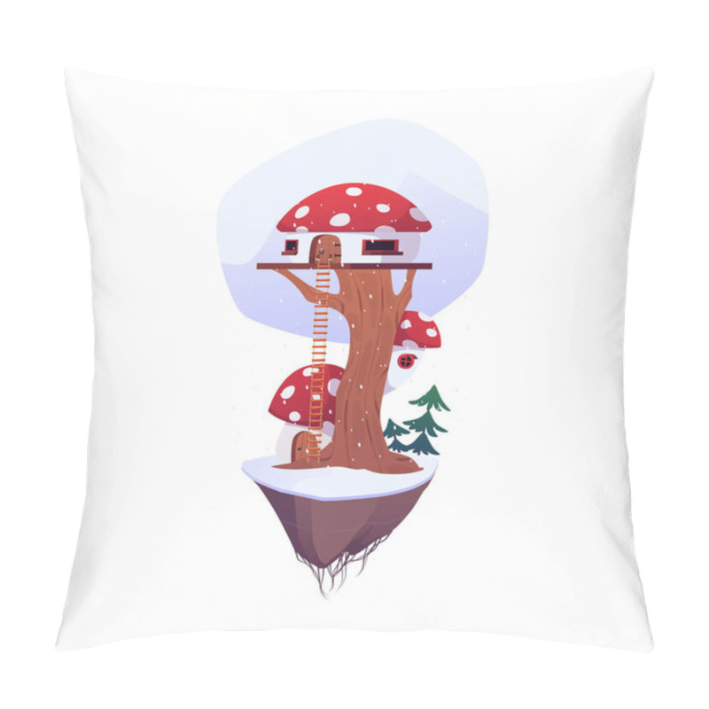 Personality  Game Island With Huts In Winter. Vector Flat Cartoon Cute Fairy Tale Village Houses With Stairs And Fly Agaric Roof On The Tree Trunk. Rural Village Wooden Dwelling On Floating Rock Land Pillow Covers