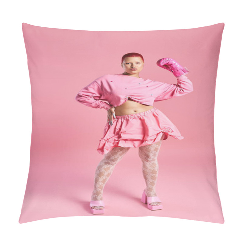 Personality  A Vibrant Studio Displays A Young Woman With Short Pink Hair Flaunting Her Daring Fashion Choices. Pillow Covers