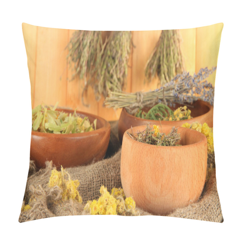 Personality  Medicinal Herbs In Wooden Bowls On Bagging On Table On Wooden Background Pillow Covers