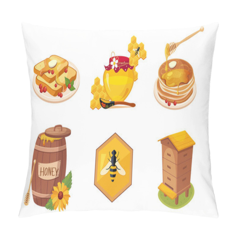 Personality  Honey And Beekeeping Elements Set, Honeycomb, Toast Bread Slice, Jar And Barrel Of Honey, Stack Of Pancakes, Beehive Vector Illustration Pillow Covers