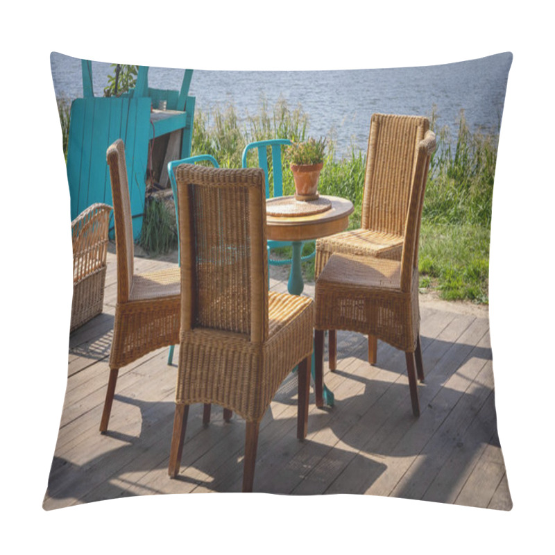 Personality  A Wooden Table And Four Wicker Chairs - Garden Furniture Standing On A Bright Wooden Patio, On The Riverbank. Sunny, Summer Day.  Pillow Covers