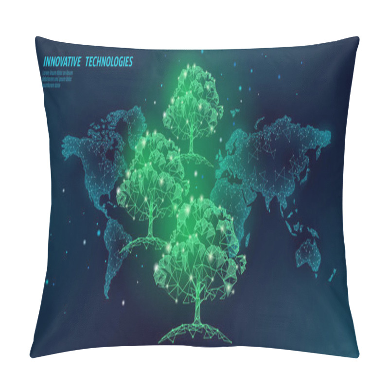 Personality  Save Forest Ecology Abstract Banner Template. Eco Rainforest Safety Environment Care Green Trees On World Map 3d Polygonal Dark Blue Background. Deforestation Avoid Vector Illustration Pillow Covers