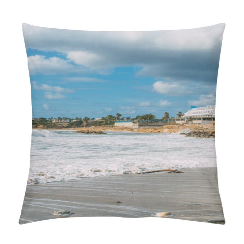 Personality  White Building Near Mediterranean Sea Against Blue And Cloudy Sky In Cyprus Pillow Covers