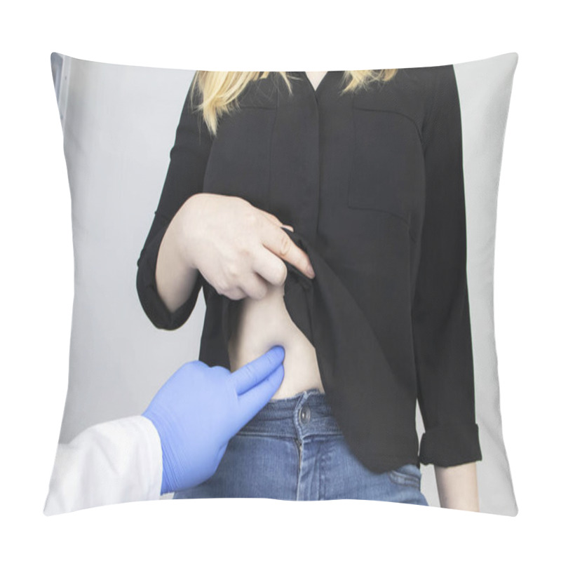 Personality  A Woman Grabs His Right Side Under The Ribs. Pain In The Liver. Pain Syndrome In Liver Disease. Hepatologist Examination Pillow Covers