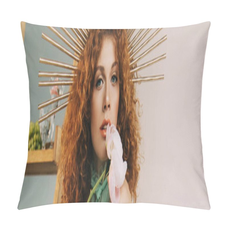 Personality  Panoramic Shot Of Woman With Accessory On Head Posing With Flower Pillow Covers