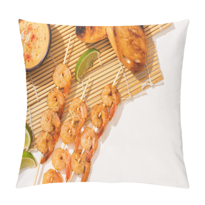 Personality  Top View Of Prawns On Skewers With Toasts, Lime And Sauce On Bamboo Mat On White Background Pillow Covers