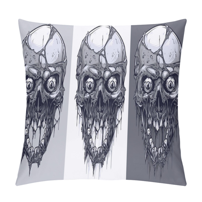 Personality  Detailed Graphic Realistic Cool Black And White Human Skulls With Horrible Pieces Of Dead Skin, Eyes, Open Mouth And Broken Teeth. On Gray Background. Vector Icon Set. Pillow Covers